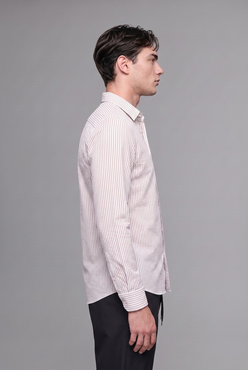 MAN Grey Modern Fit Polo Collar Cotton Striped Shirt