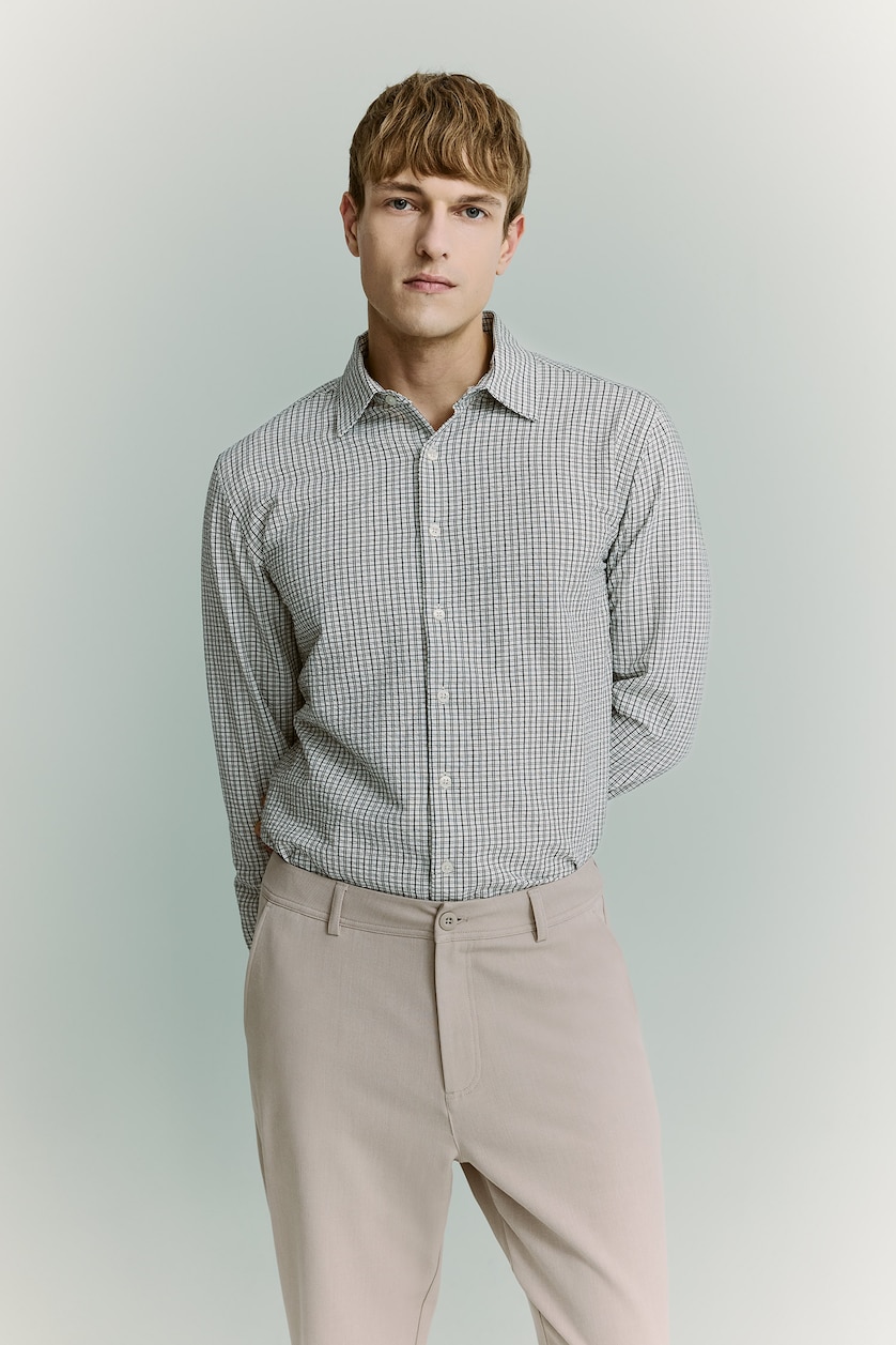 Erkek Siyah Modern Fit Pötikare Uzun Kollu Gömlek