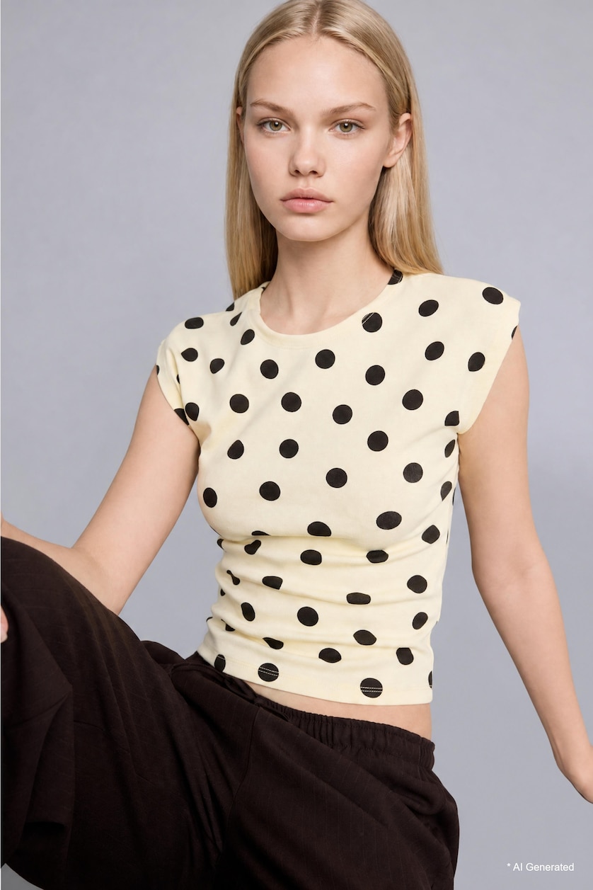 Women Light Yellow Slim Fit Light Yellow Polka Dot Crew Neck Short Sleeve T-Shirt