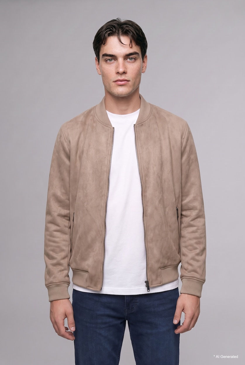 Man Beige Zipper Bomber Collar Puffer Jacket
