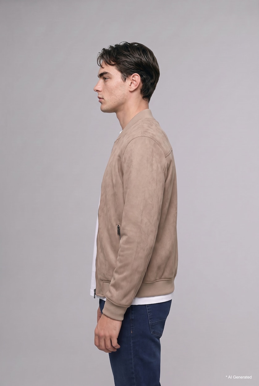Man Beige Zipper Bomber Collar Puffer Jacket