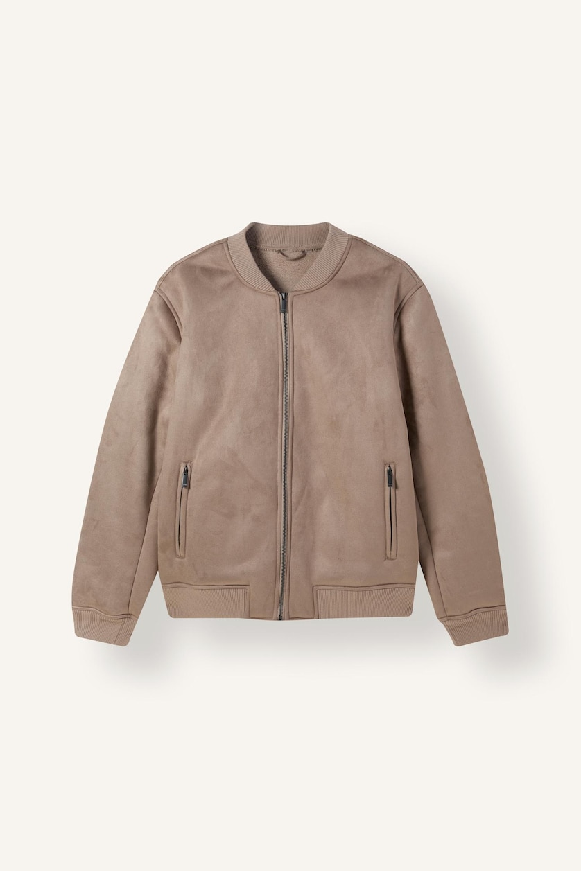 Man Beige Zipper Bomber Collar Puffer Jacket