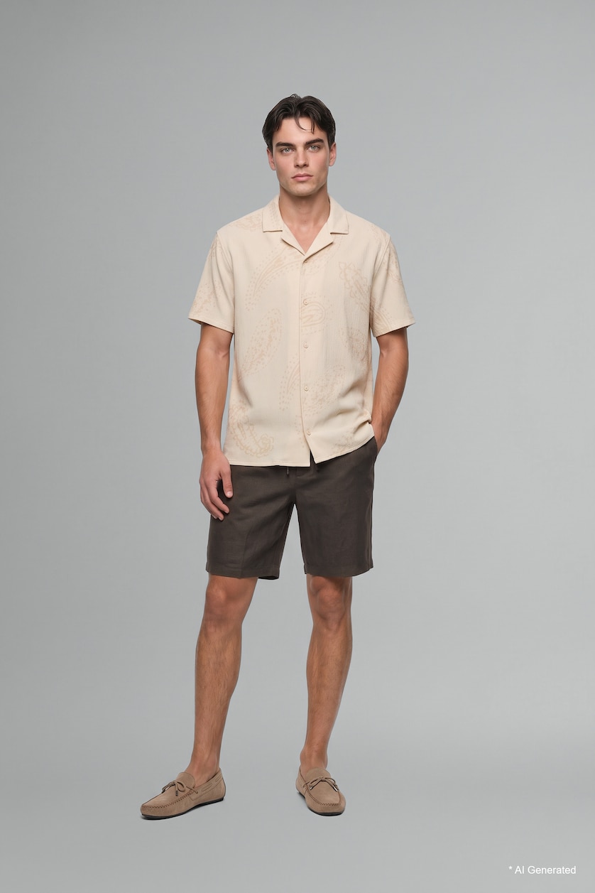 رجال بيج فاتح Modern Fit Cotton Short Sleeve Shirt