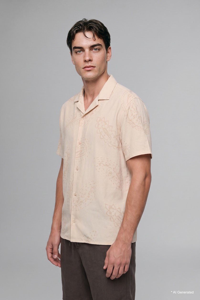 رجال بيج فاتح Modern Fit Cotton Short Sleeve Shirt