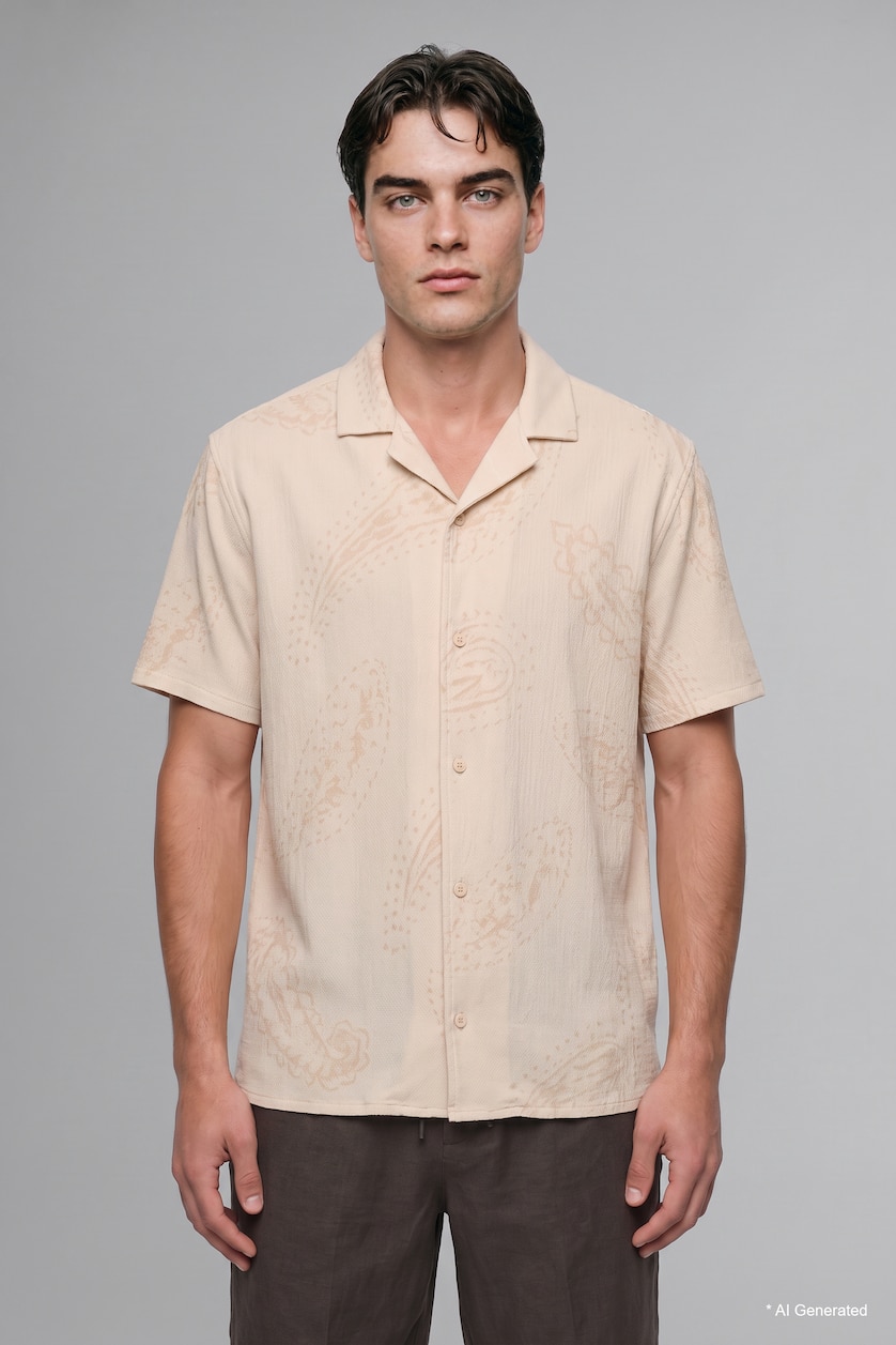 رجال بيج فاتح Modern Fit Cotton Short Sleeve Shirt