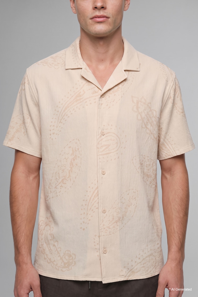 رجال بيج فاتح Modern Fit Cotton Short Sleeve Shirt