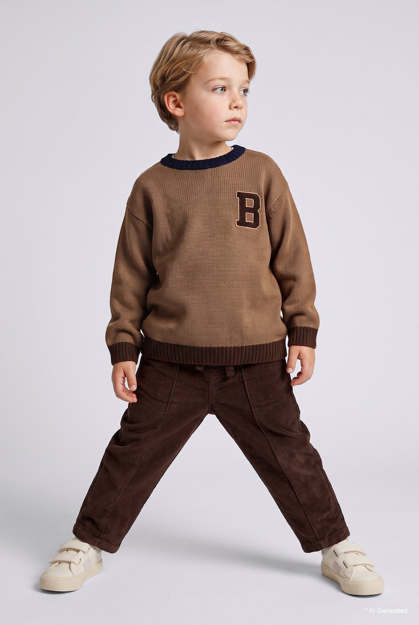 BABY BOY Light Brown Baby Boy Oversize Fit Embroidered Letter B Knit Pullover