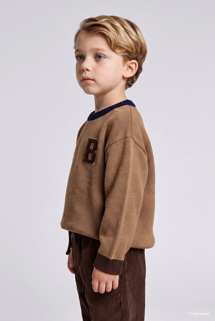 BABY BOY Light Brown Baby Boy Oversize Fit Embroidered Letter B Knit Pullover