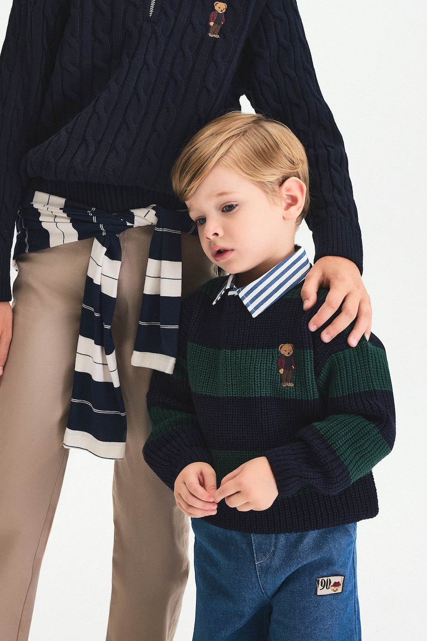 BÉBÉ GARÇON Vert Foncé Pull en tricot rayé oversize avec broderie ourson pour bébé garçon