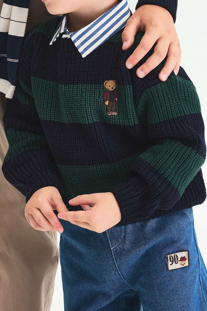 BÉBÉ GARÇON Vert Foncé Pull en tricot rayé oversize avec broderie ourson pour bébé garçon