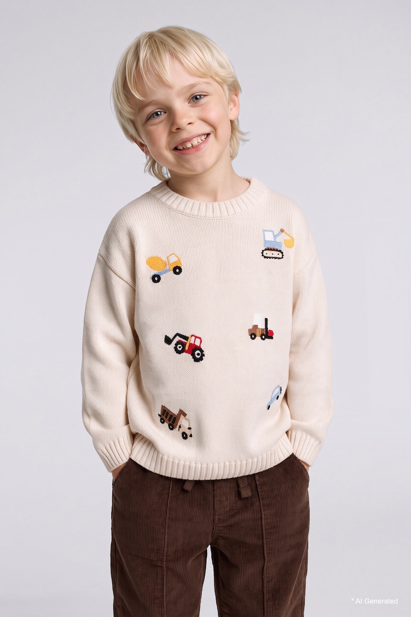 BÉBÉ GARÇON Écru Pull en tricot oversize avec broderies véhicules pour bébé garçon