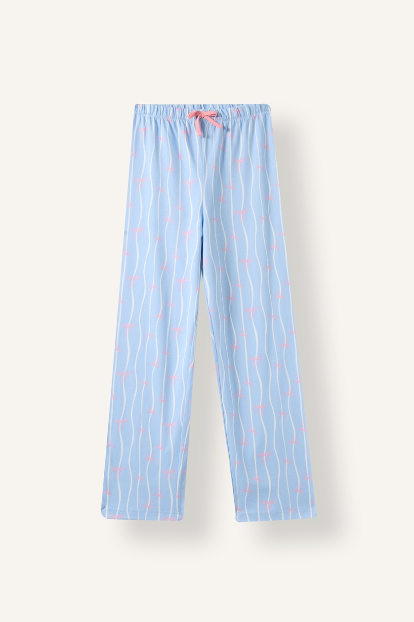 Kız Çocuk - Genç Kız Açık Mavi 2'li Pijama Takımı Desenli Biyeli Kız Çocuk