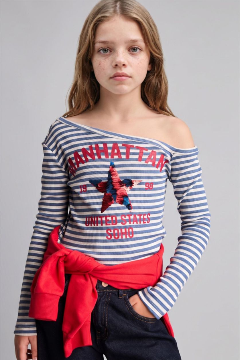 Young Girls - Teen Girls Light Indigo Slim Fit Slogan Long Sleeve T-Shirt