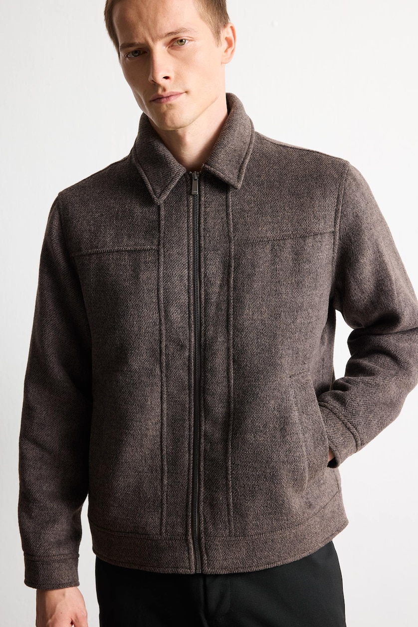 Men Brown Zipper Polo Collar Puffer Jacket