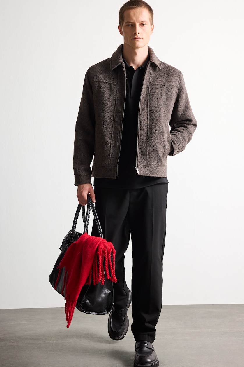 Men Brown Zipper Polo Collar Puffer Jacket