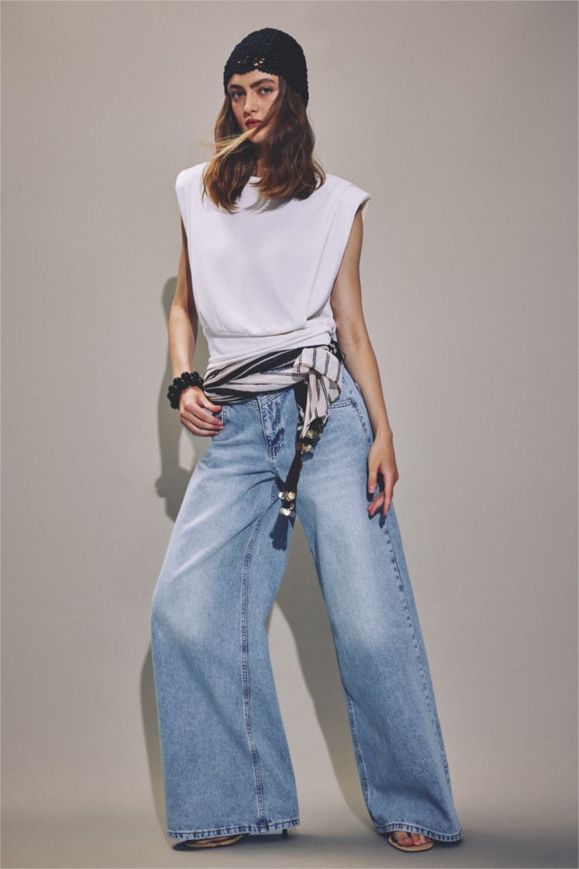 Woman Light Indigo Wide Leg High Waist Trousers
