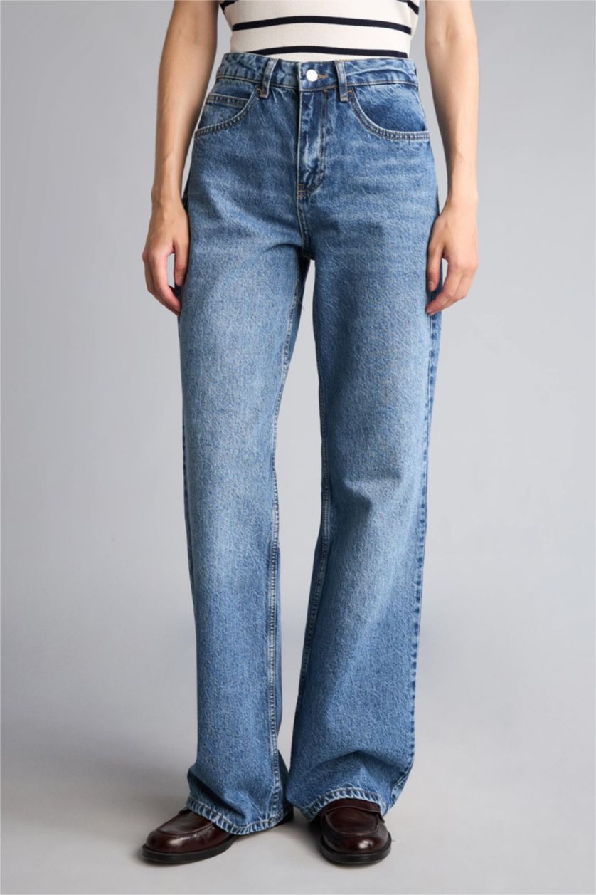 Kadın Mavi Straight Fit Yüksek Bel Jean Pantolon
