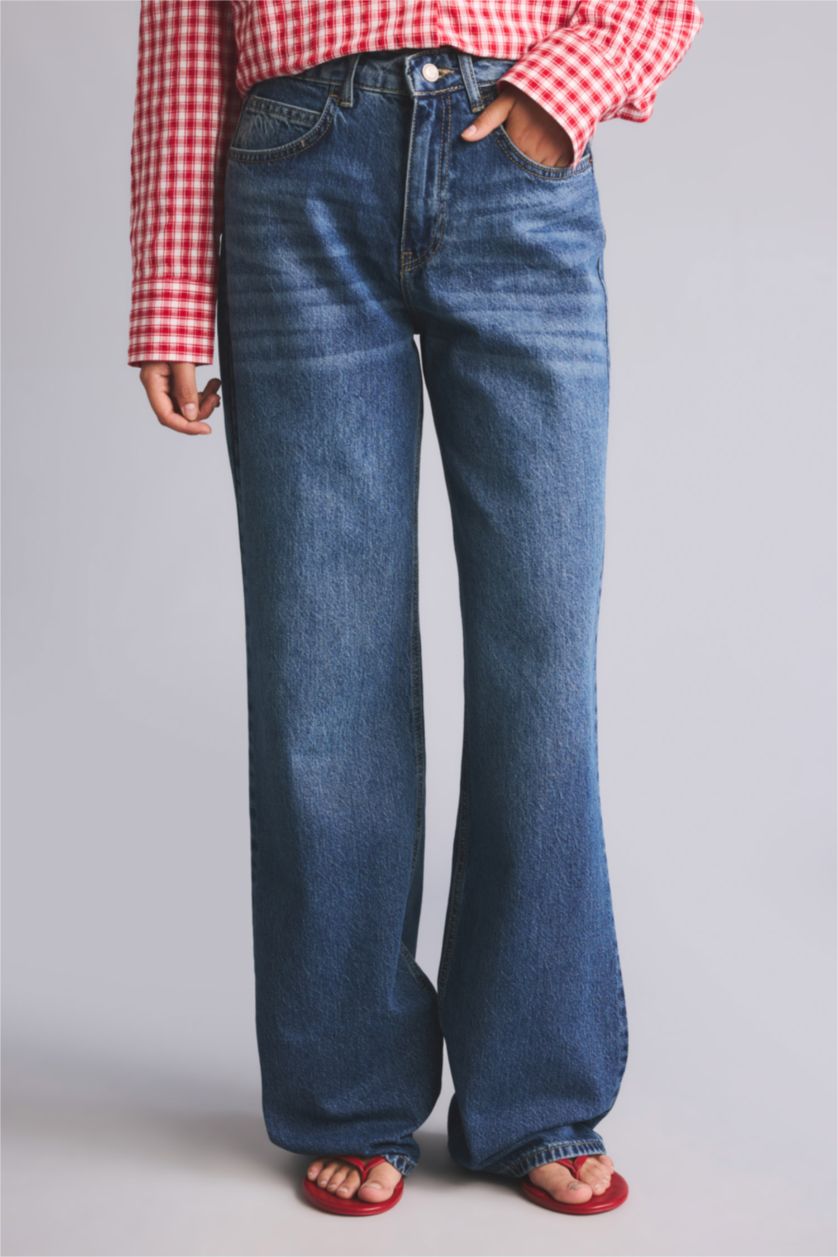 Kadın Mavi Straight Fit Yüksek Bel Jean Pantolon