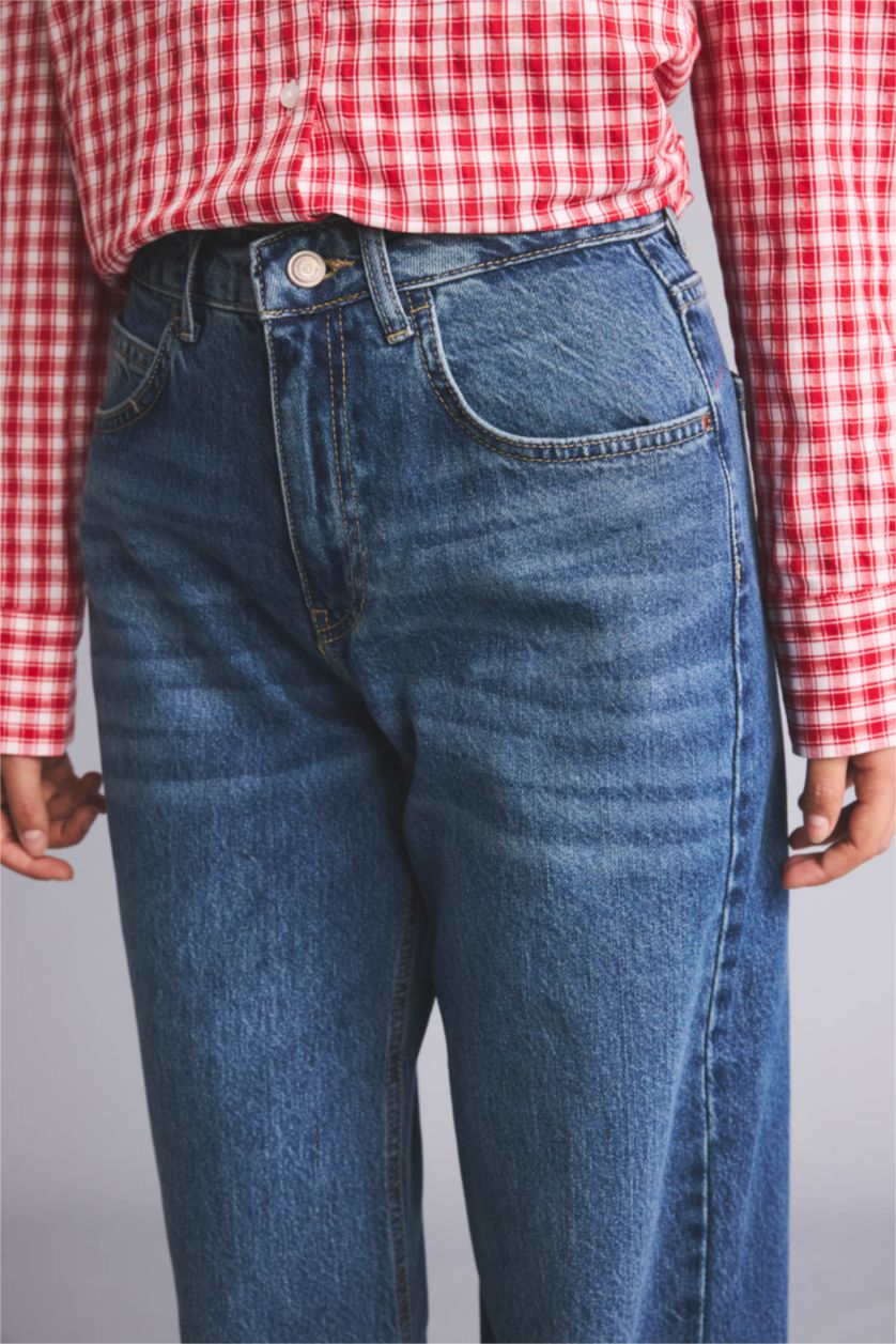 Kadın Mavi Straight Fit Yüksek Bel Jean Pantolon