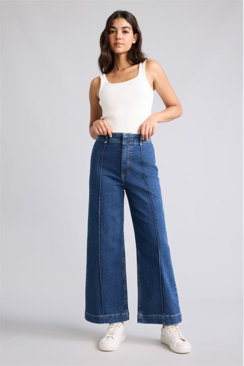 Kadın Mavi Culotte Yüksek Bel Jean Pantolon