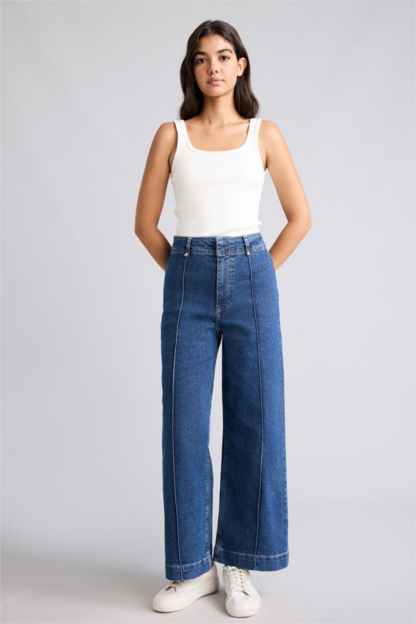 Kadın Mavi Culotte Yüksek Bel Jean Pantolon