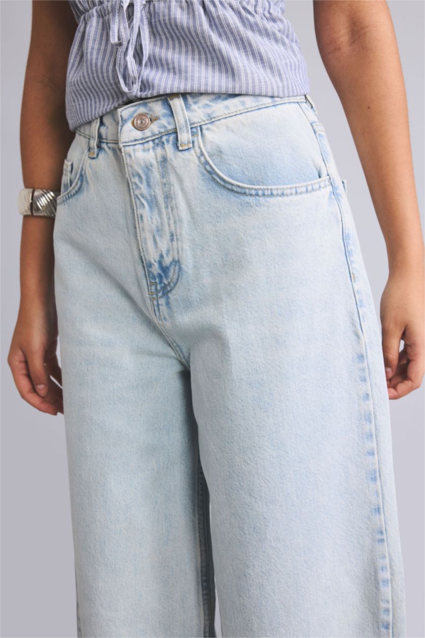 Woman Light Blue Wide Leg High Waist Trousers