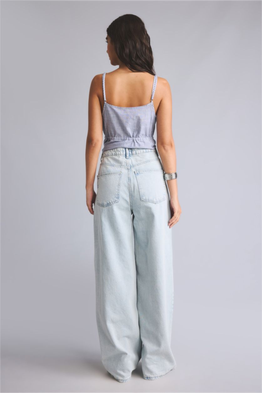 Woman Light Blue Wide Leg High Waist Trousers