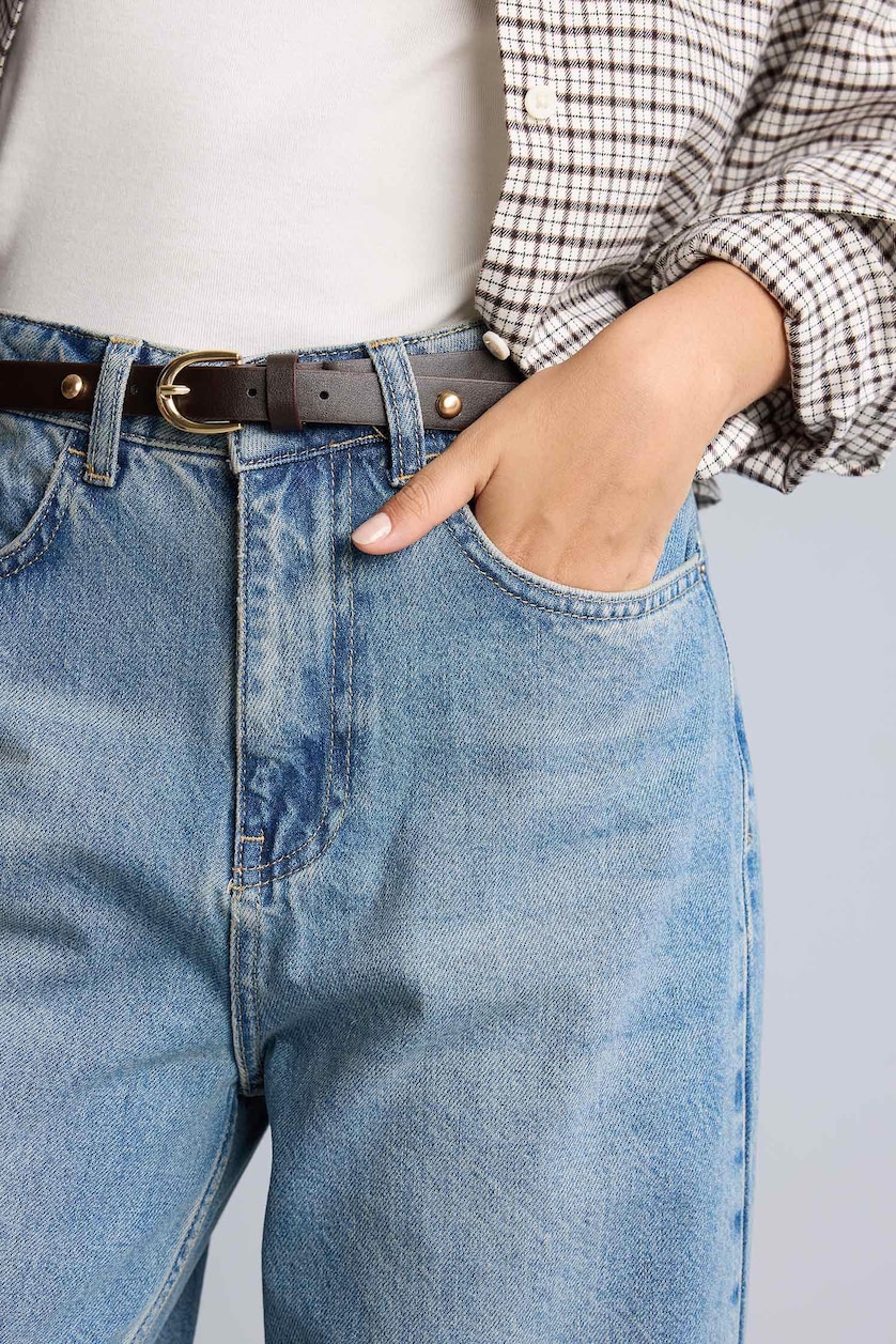 Kadın Açık İndigo %100 Pamuk Straight Fit Yüksek Bel Pantolon