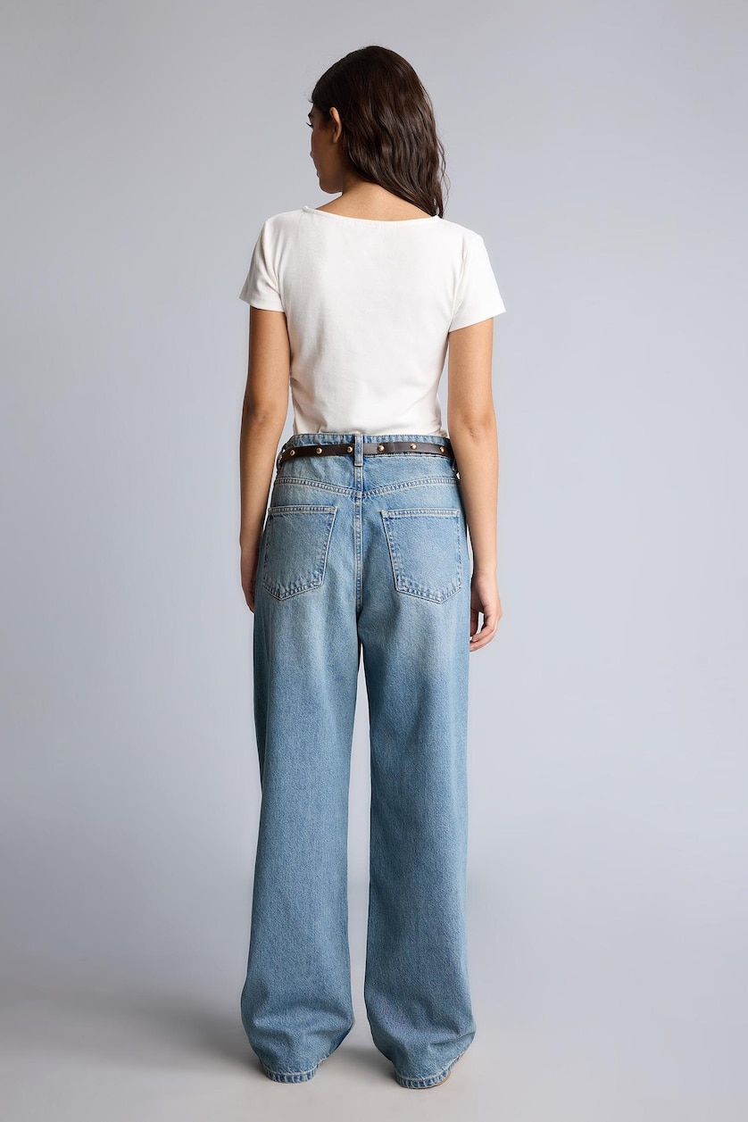 Kadın Açık İndigo %100 Pamuk Straight Fit Yüksek Bel Pantolon