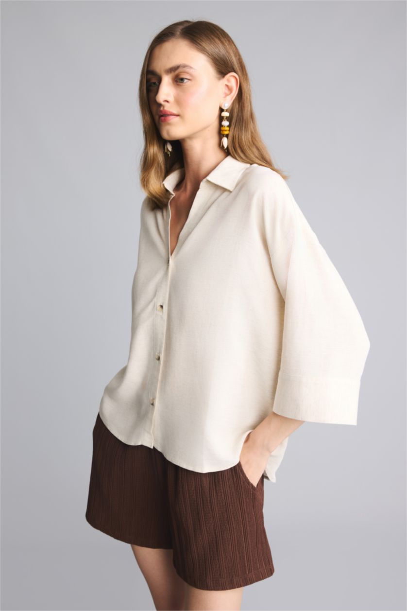 Women Sade Ekru Linen Blended Short Sleeve Shirt