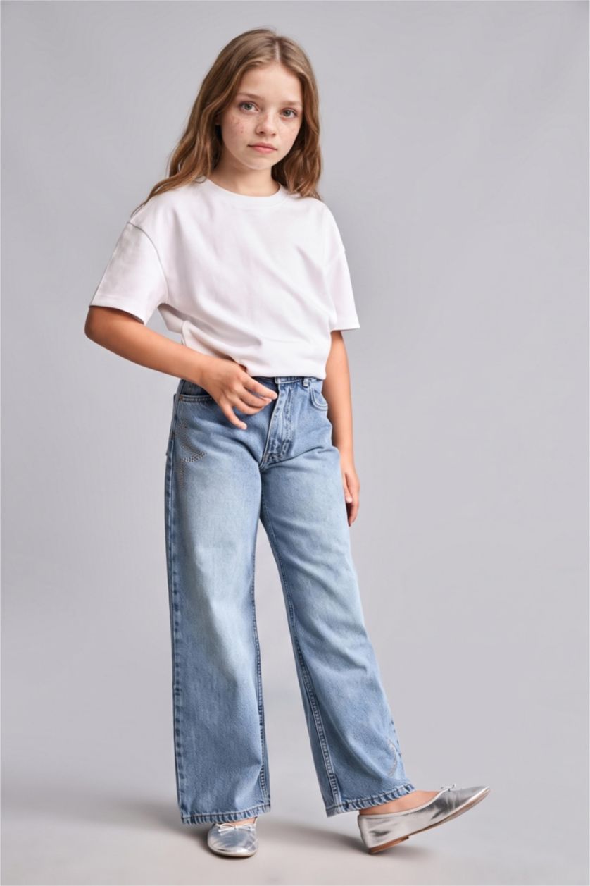 Kız Çocuk - Genç Kız Mavi %100 Pamuk Straight Fit Jean Pantolon Kız Çocuk