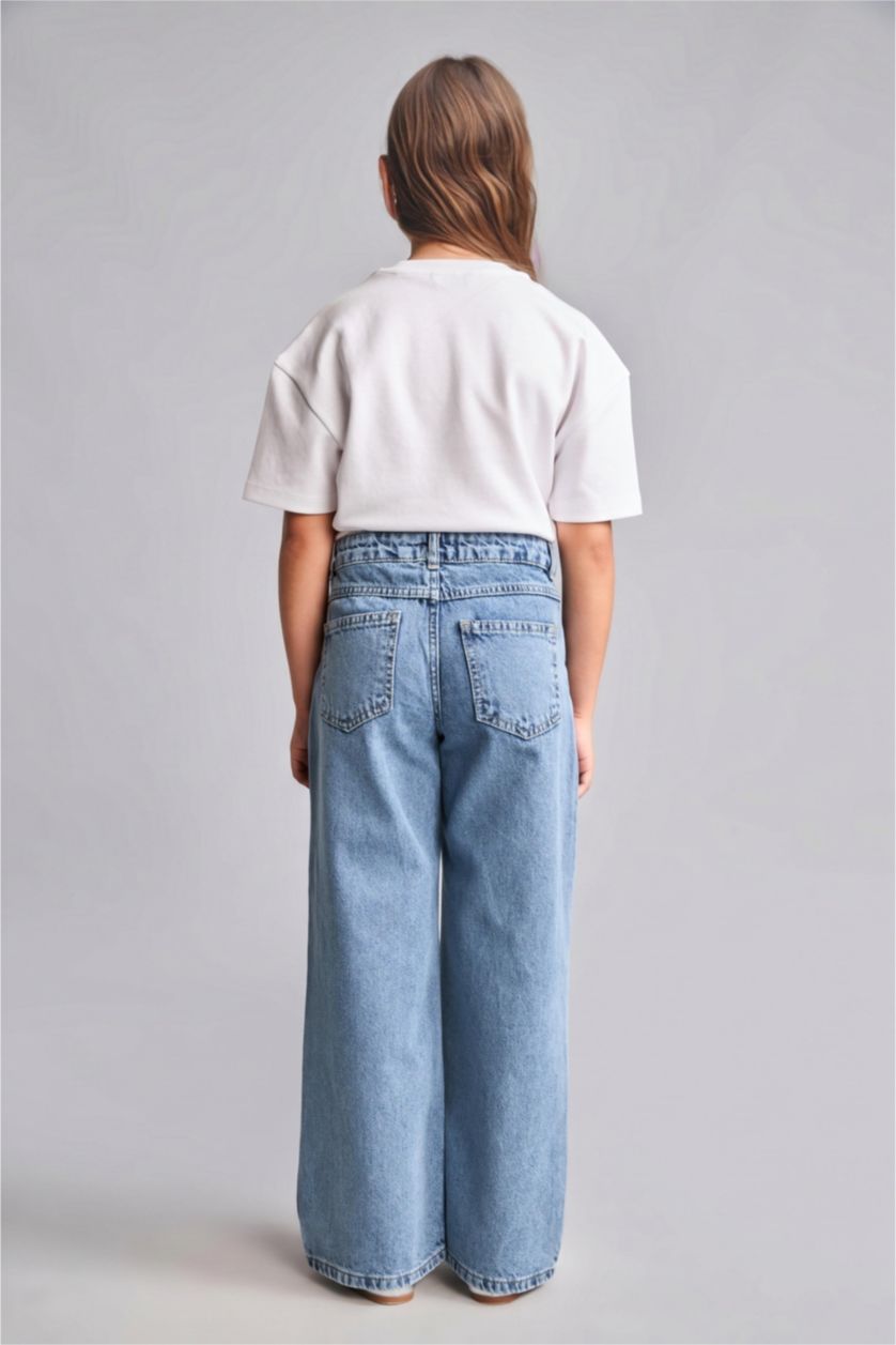 Kız Çocuk - Genç Kız Mavi %100 Pamuk Straight Fit Jean Pantolon Kız Çocuk