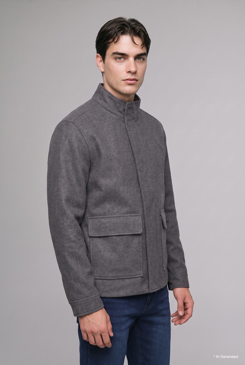 Men Anthracite Melange Zipper High Neck Puffer Jacket