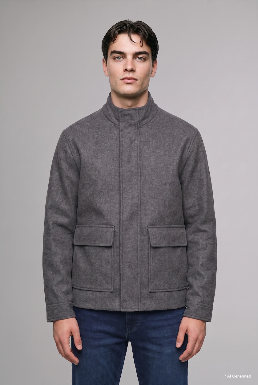 Men Anthracite Melange Zipper High Neck Puffer Jacket