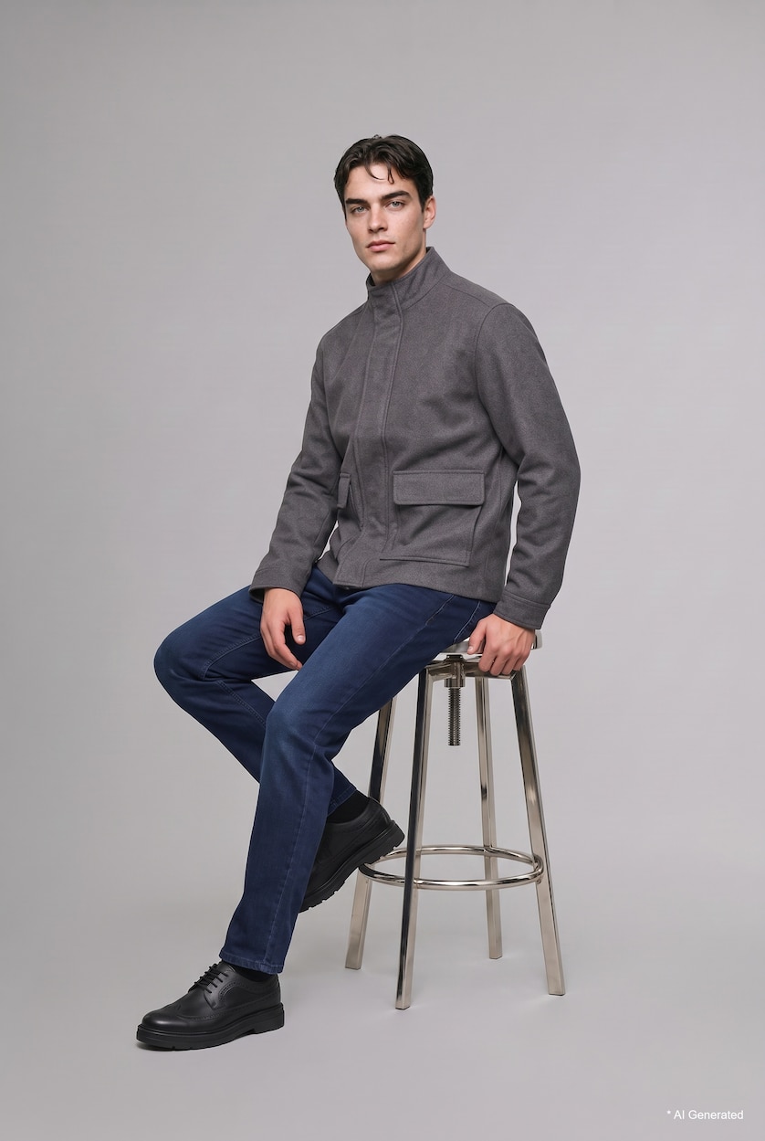 Men Anthracite Melange Zipper High Neck Puffer Jacket