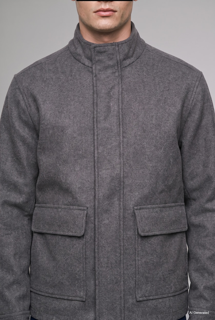 Men Anthracite Melange Zipper High Neck Puffer Jacket