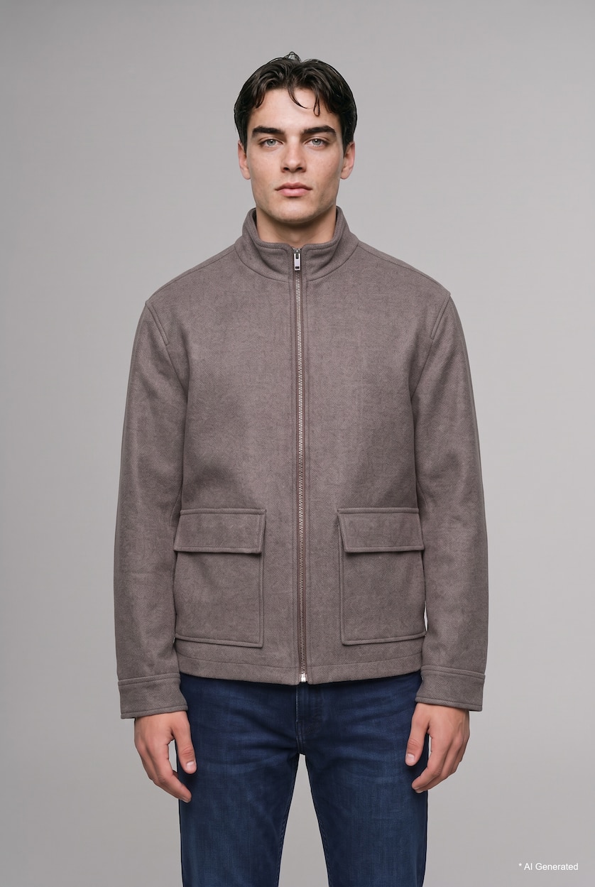Men Brown Melange Zipper High Neck Puffer Jacket