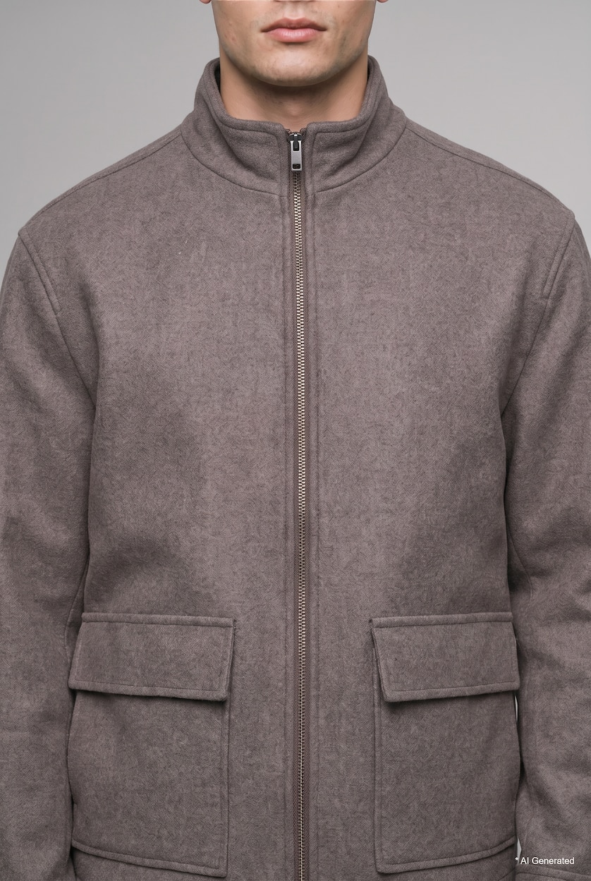 Men Brown Melange Zipper High Neck Puffer Jacket
