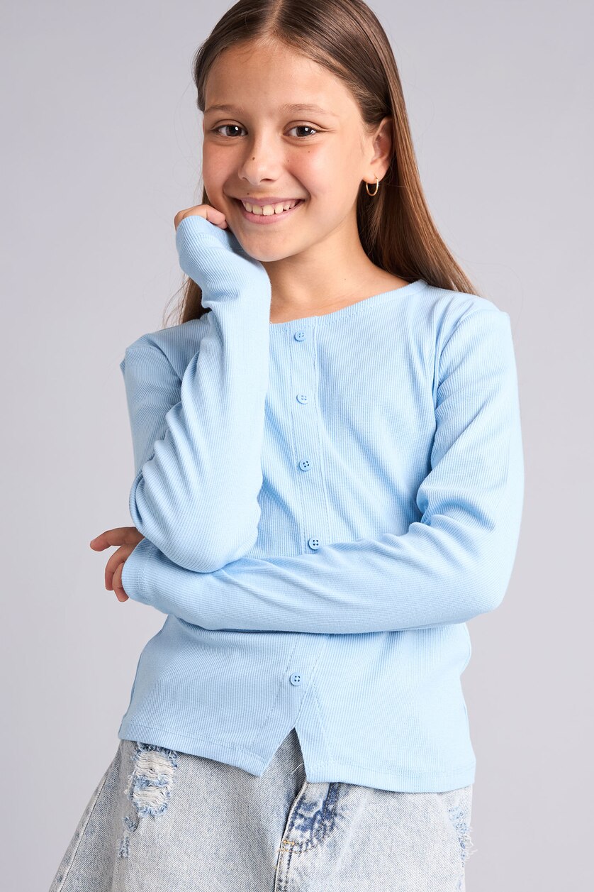 GIRLS & TEENS Light Blue Girl Slim Fit Ribbed Long Sleeve T-Shirt