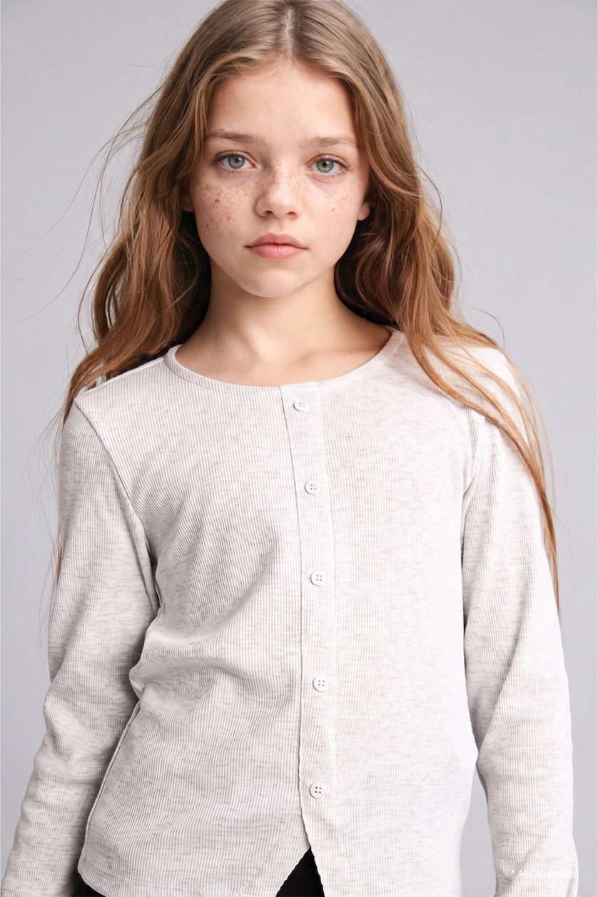 GIRLS & TEENS Light Grey Melange Girl Cotton Fitted Button-Down Ribbed T-Shirt