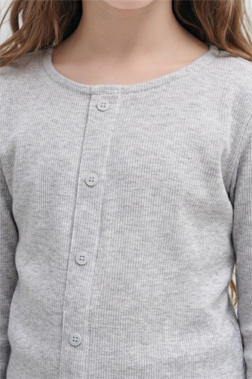 Kız Çocuk - Genç Kız Açık Gri Melange Fitted Uzun Kollu Fitilli Tişört Kız Çocuk