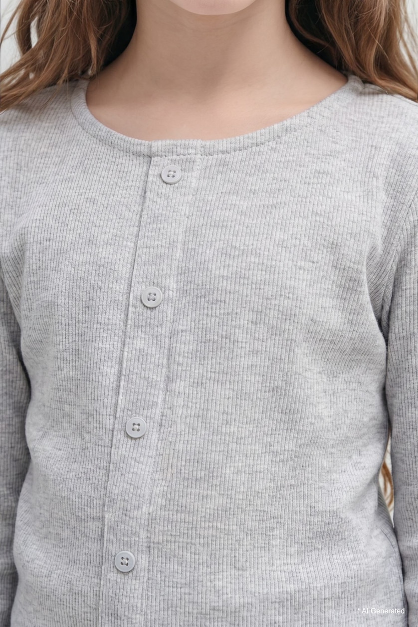 GIRLS & TEENS Light Grey Melange Girl Cotton Fitted Button-Down Ribbed T-Shirt