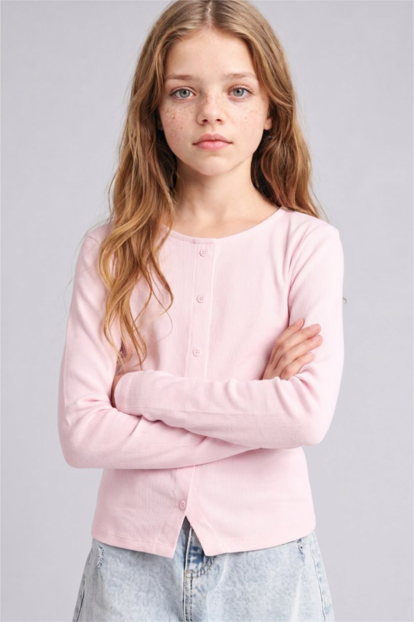 Kız Çocuk - Genç Kız Pembe Fitted Uzun Kollu Fitilli Tişört Kız Çocuk