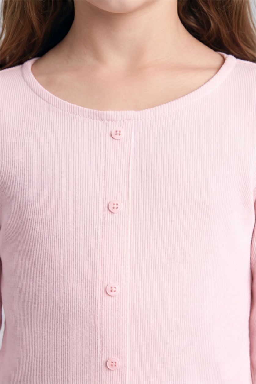 Kız Çocuk - Genç Kız Pembe Fitted Uzun Kollu Fitilli Tişört Kız Çocuk
