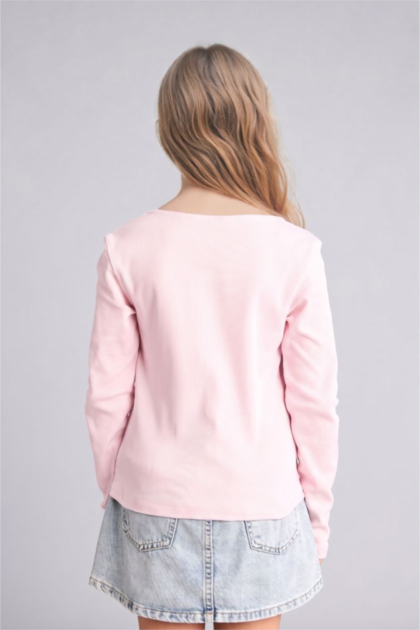 Kız Çocuk - Genç Kız Pembe Fitted Uzun Kollu Fitilli Tişört Kız Çocuk