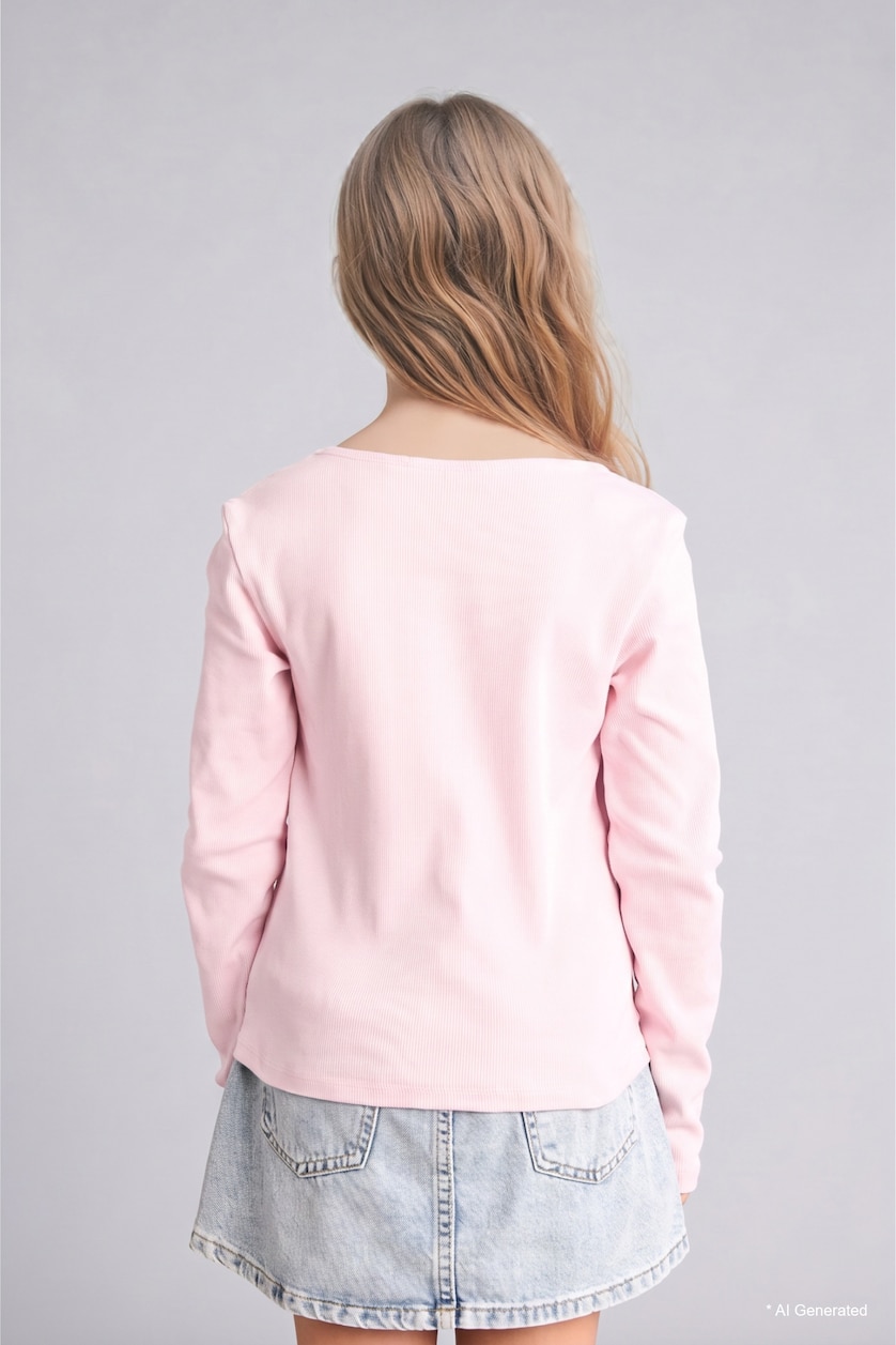 Kız Çocuk - Genç Kız Pembe Fitted Uzun Kollu Pamuklu Fitilli Tişört Kız Çocuk