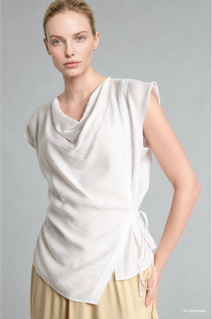 Women White Degaje Neck Sleeveless Blouse
