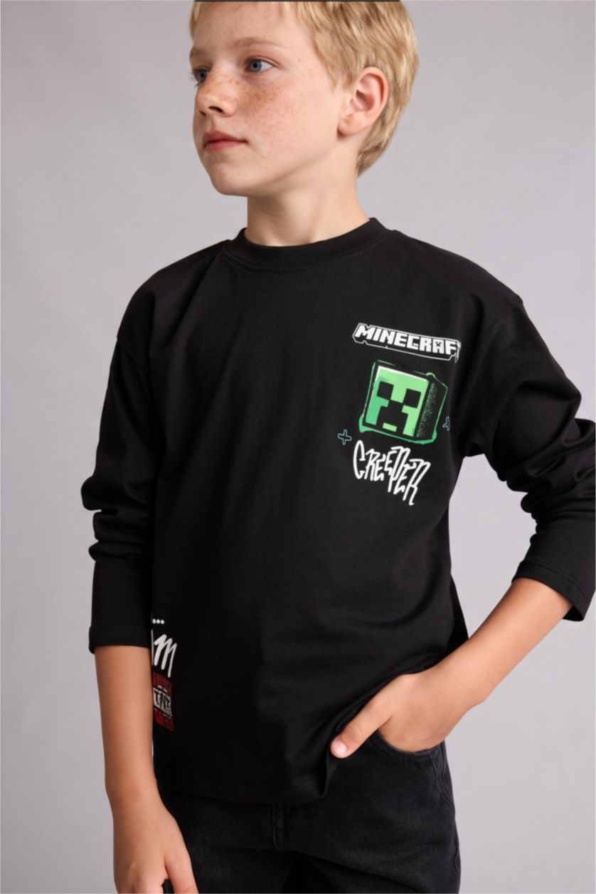 Erkek Çocuk - Genç Erkek Siyah Minecraft Oversize Uzun Kollu Tişört Erkek Çocuk