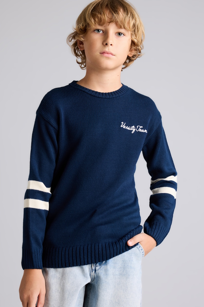 Young Boys - Teen Boys NAVY Boy Oversize Fit Embroidered Crew Neck Pullover