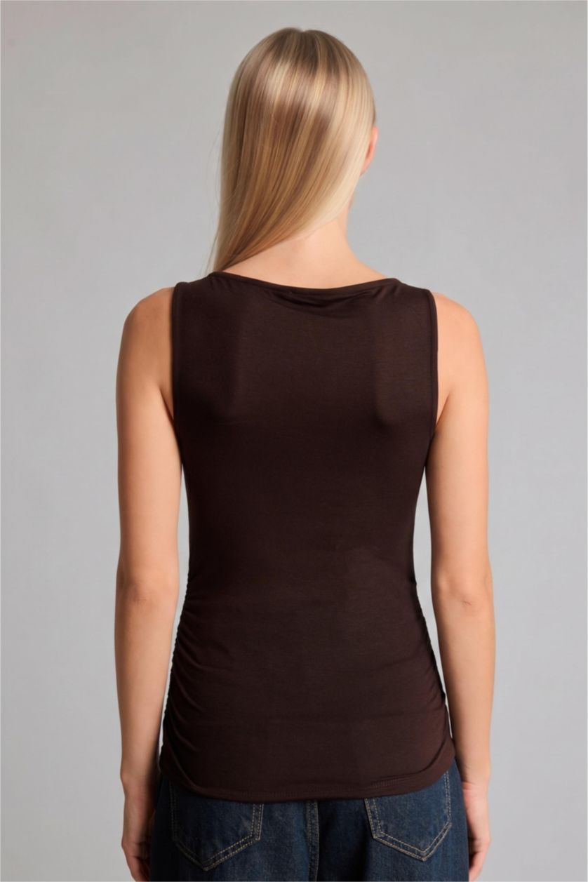 Women Brown Slim Fit Boat Collar Tank Top